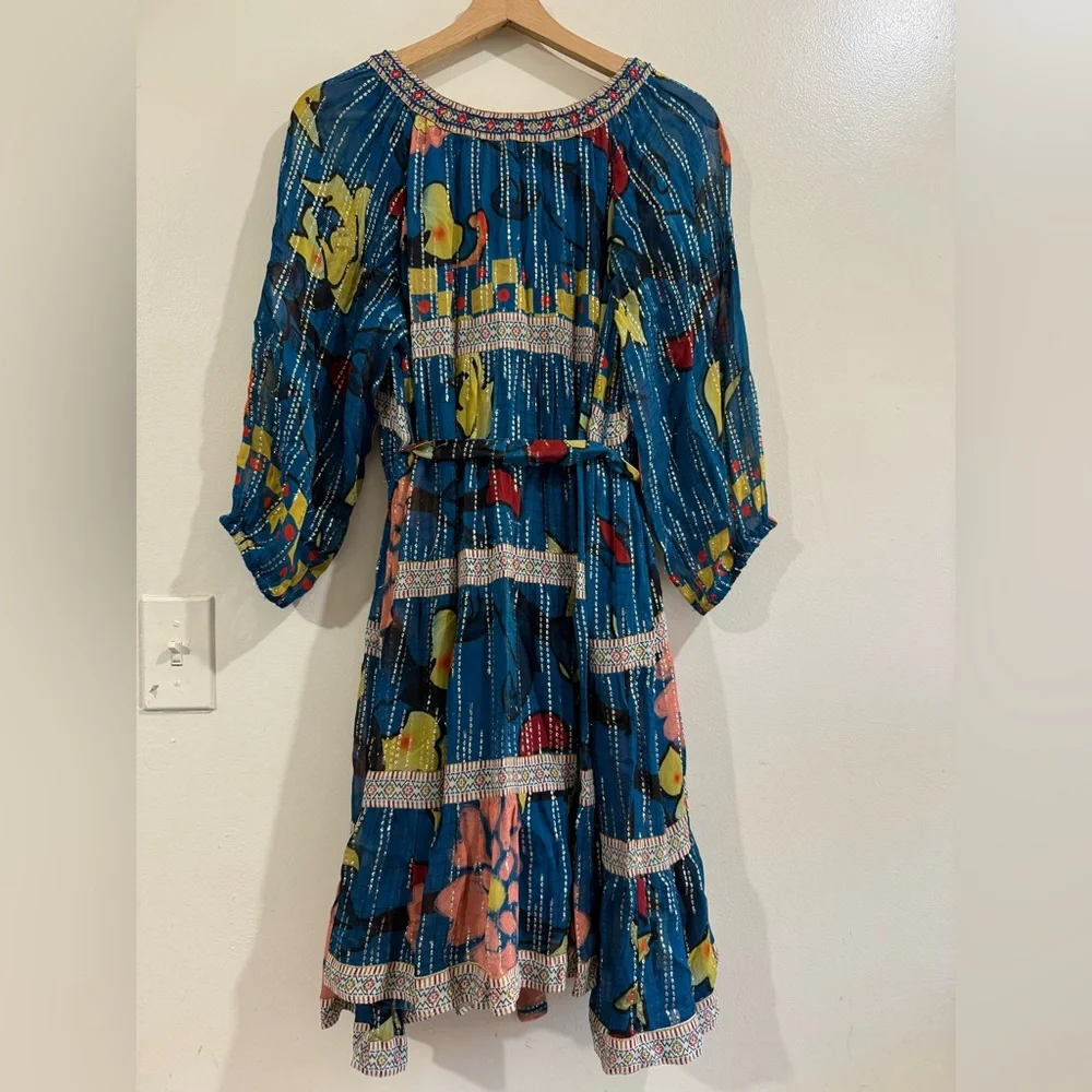 verb Teal Floral Pleated Mini Dress with Tie Waist - Picture 3 of 7